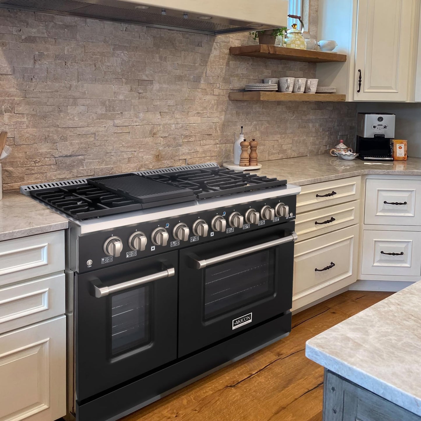 Akicon 48 Inch Freestanding Gas Range - 6.7 cu. ft. Double Rapid Convection Oven - Gas Stove with 8 Sealed Burners & a Griddle, Heavy Duty Cast Iron Grates (Black & Stainless Steel)