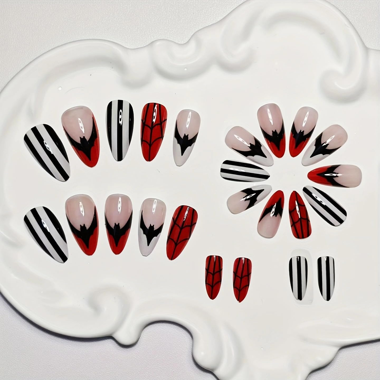 Halloween Bat French Press on Nails Medium Almond Fake Nails Red Spider Web Designs False Nails Black and White Stripes Acrylic Glue on Nails for Women Girls Manicure Decoration 24Pcs