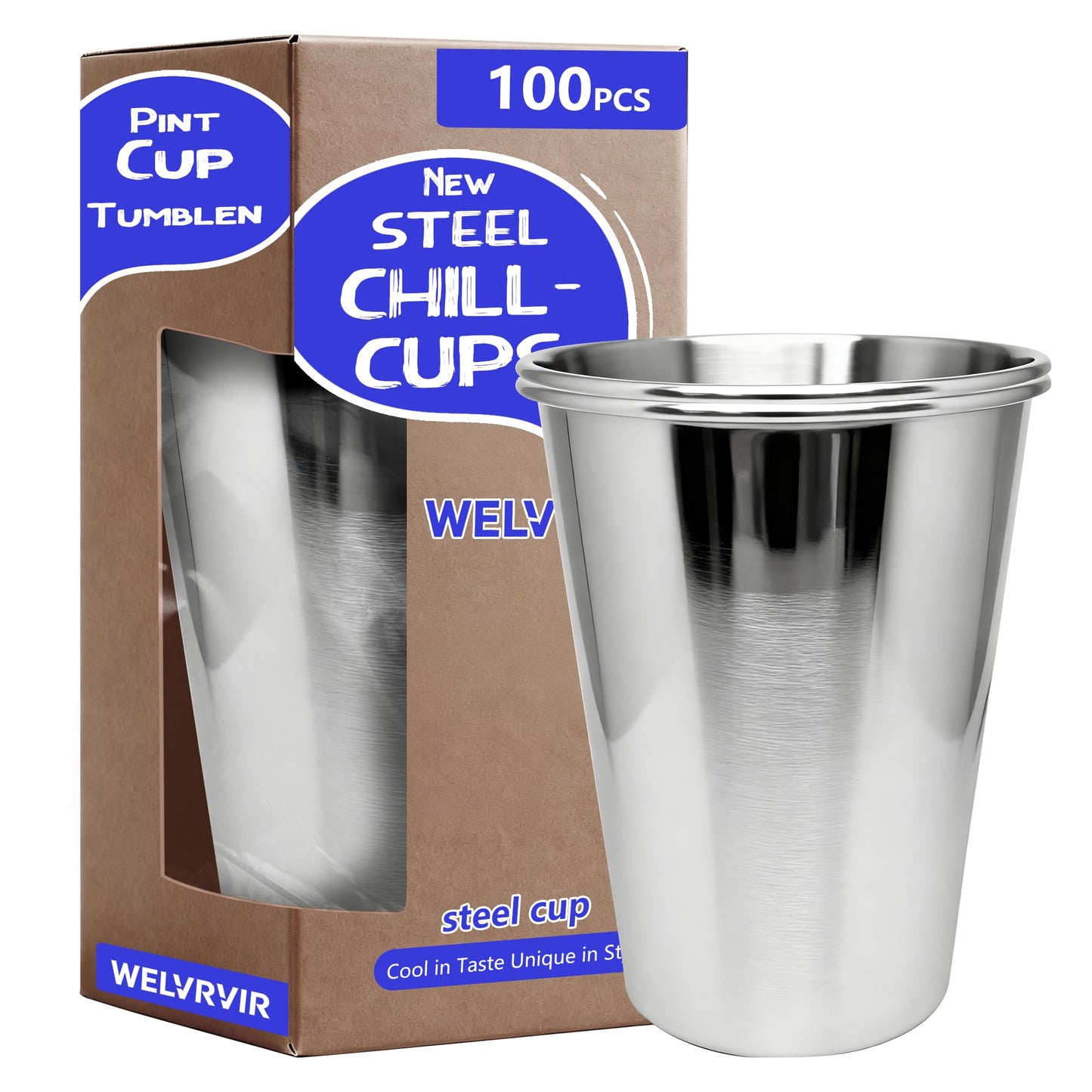 20oz 100PCS Stainless Steel Pint Cup,Pint Tumbler,Reusable metal Cups,Stainless Steel Water Tumbler,BPA Free,Stackble,Durable,Unbreakable Metal Drinking Glasses for Bar,Banquet Mugs (100, 20OZ)