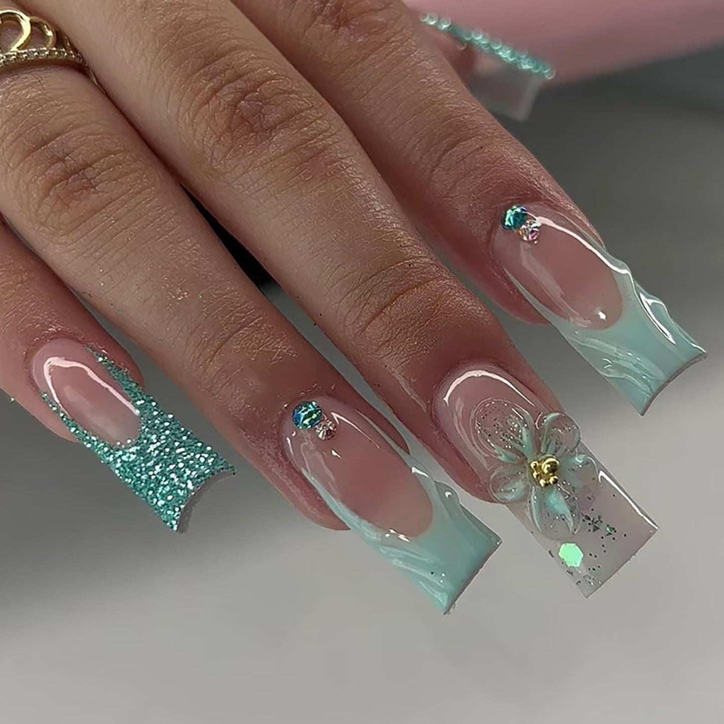 EYZOTSF Press on Nails Long Coffin Shaped Acrylic Square False Nails with Designs Artificial Extra Long Length Coffin Fake Nails with Charms Glue Stick ons Fingernails for Women Girls(Z1015)