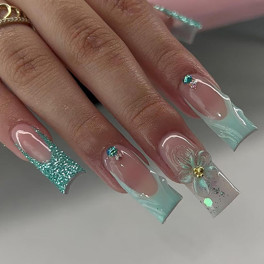 EYZOTSF Press on Nails Long Coffin Shaped Acrylic Square False Nails with Designs Artificial Extra Long Length Coffin Fake Nails with Charms Glue Stick ons Fingernails for Women Girls(Z1015)