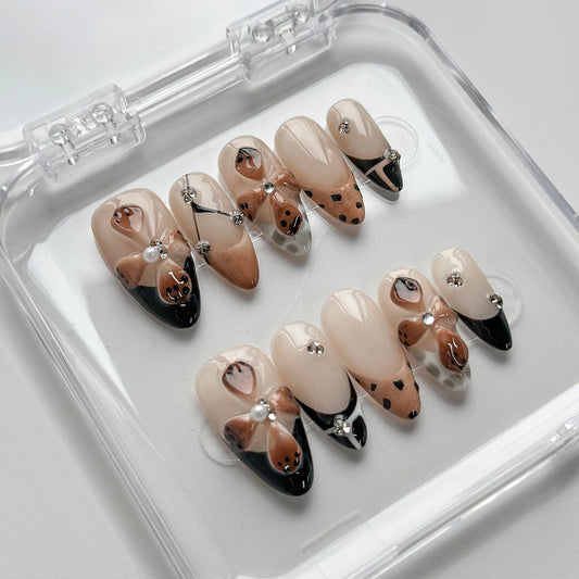 Luxury Press on Nails Short Almond Handmade 3D Unique Reusable ABS Material Fake Nails French Tip False Nails with Designs Polka Dots Flower Rhinestones Brown Glossy Glue on Nail Thick Acrylic Nail(S)
