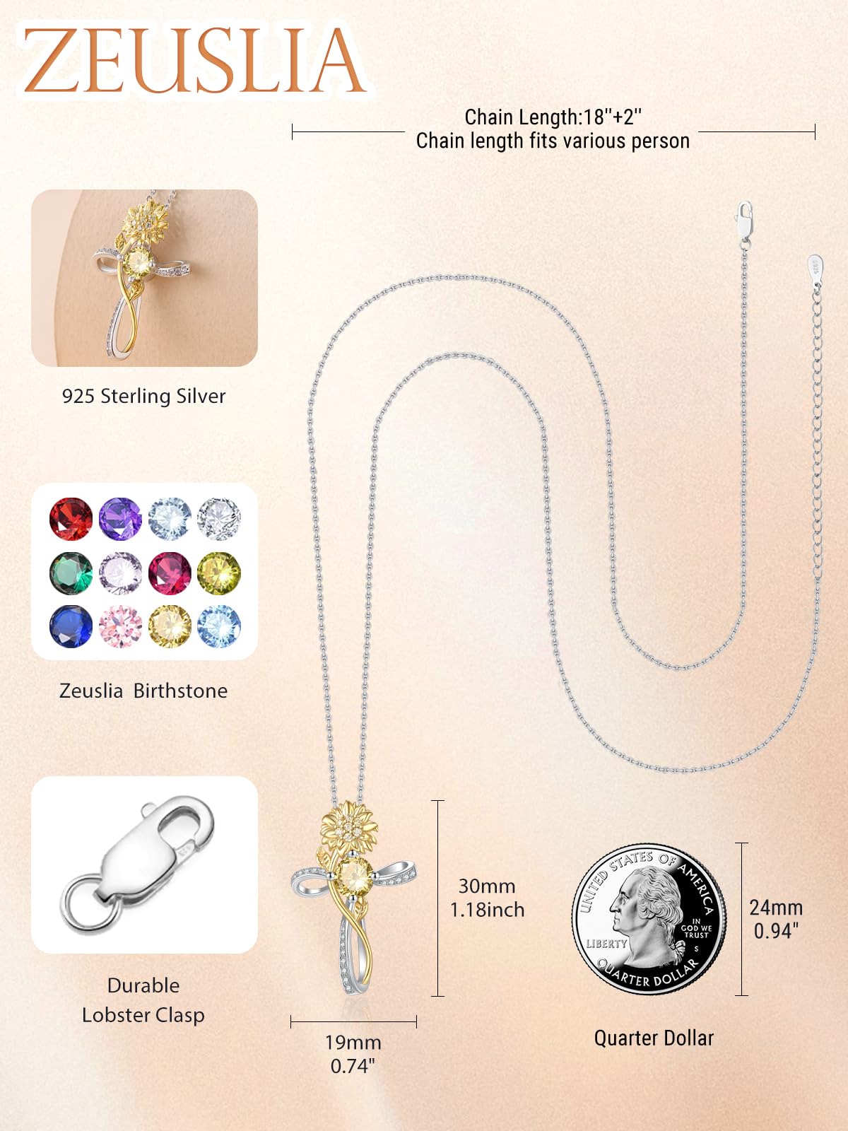 Cross Necklace for Women Sterling Silver Cross Pendant Jewelry with Sunflower Citrine November Birthstone Necklace Christian Religious Baptism First Communion Confirmation Birthday Gifts for Women