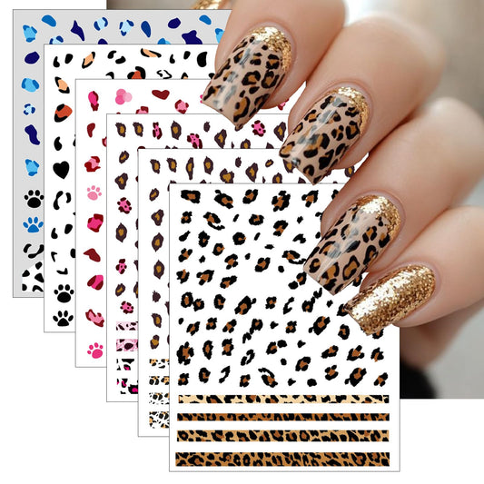 6 Sheets French Leopard Nail Stickers 3D Self-Adhesive Pink Brown Leopard Nail Designs Colorful Animals Suitable for Women Girls DIY