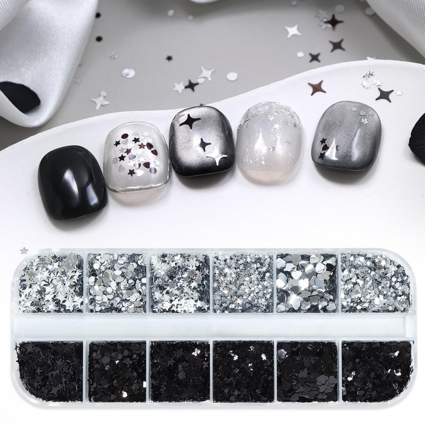 Silver Nail Glitter Black Nail Sequins Holographic Star Nail Flakes Shiny Glitter Flakes for Women Glirls Manicure Charms Decoration Supply Nails Art 1 Box