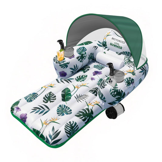 GIGIGO Motorized Pool Float with Canopy, Rechargeable Motorized Lounger for Adults with Dual Motors, Green Lake Floats Adult Size with Cup Holder for Parties, Vacations & Relaxation