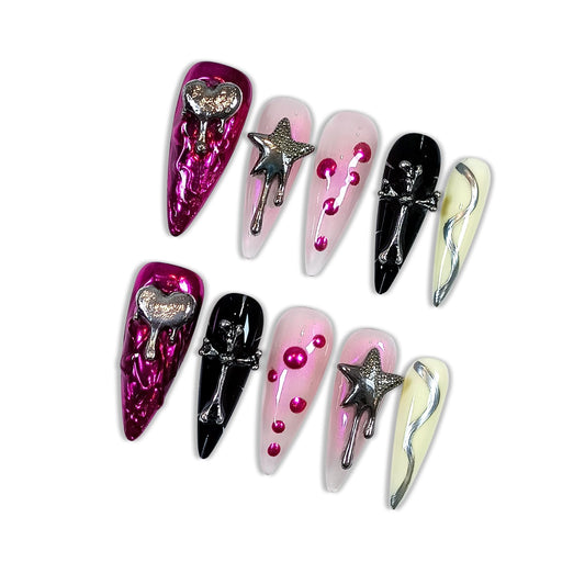 Hantyer 10PCS Y2K Press on Nails with Tools Kit, Long Stiletto Glossy Nails in Pink & Black, Salon Nails with 3D Metal Charms (Heart/Star/Cross), Edgy Punk Style for Party-Ready & Daily Wear(Size M)