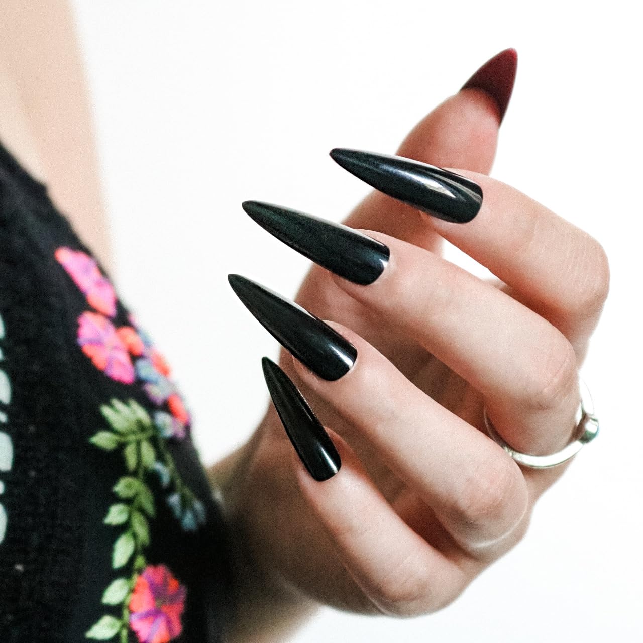 Allkem Press On Nails - Black Red Bottoms Glossy Extra Long Sculpted Stiletto 2 Set Bundle | 10 sizes - 20 pcs Nail kit with Glue