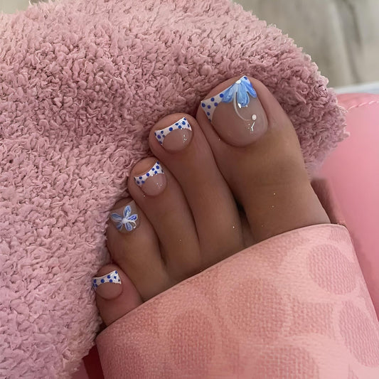 French Tip Press on Toenails Short Square Fake Toe Nails Polka Dot Toenail Press ons Flower False Toenails White Blue Stick on Toenail Glossy Glue on Toe Nail for Women Decorations Set 24Pcs
