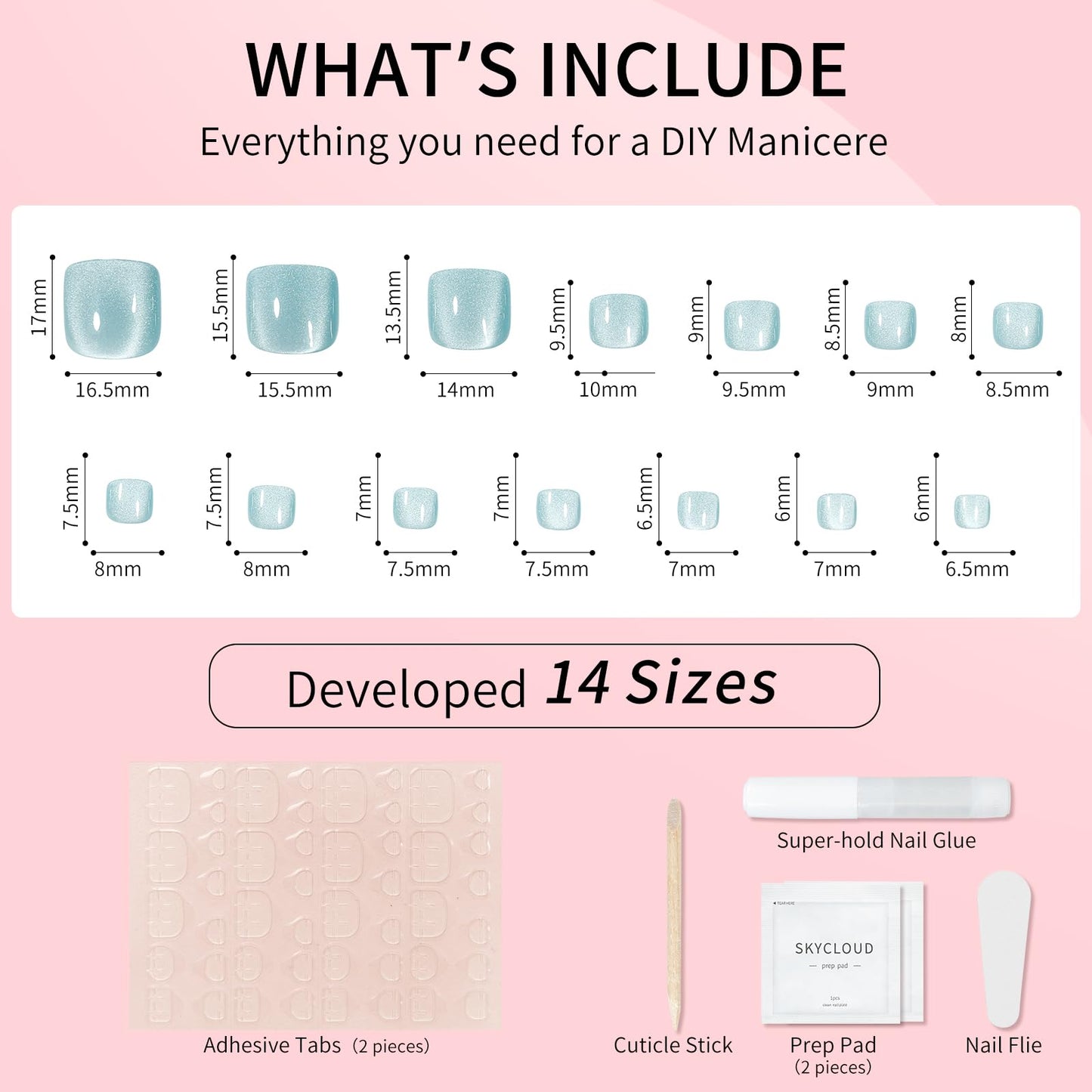 Cat Eyes Press On Toenails,14 Sizes-28 Pcs Soft Gel Blue Short Square Fake Toenails Kit with Toenails Glue, Natural Reusable Stick On False Toenails for Women and Girls (Skycloud Blue Toenails)SK0758