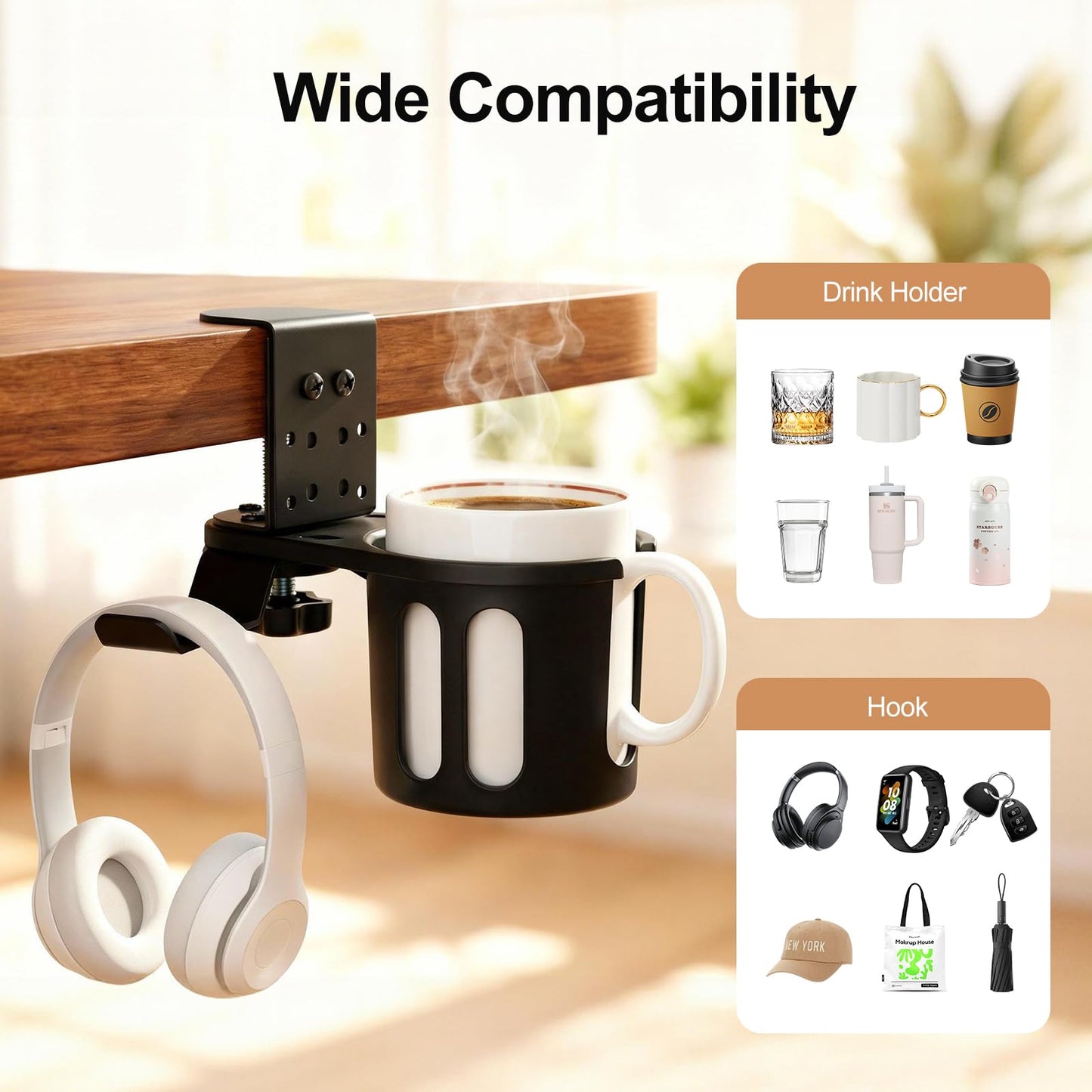 DecBeLiv 360° Rotating Cup Holder wiht Hook Under Desk Anti Spill Space Saving for Home Office Camping