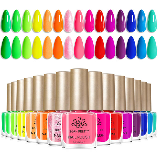 Born Pretty Neon Nail Polish Set, 15 Colors Spring Summer Nail Polish Quick Dry Nail Polish Kit Hot Pink Yellow Green Blue Neon Nail Lacquer Manicure Set for DIY Nail Art Salon Home Gift