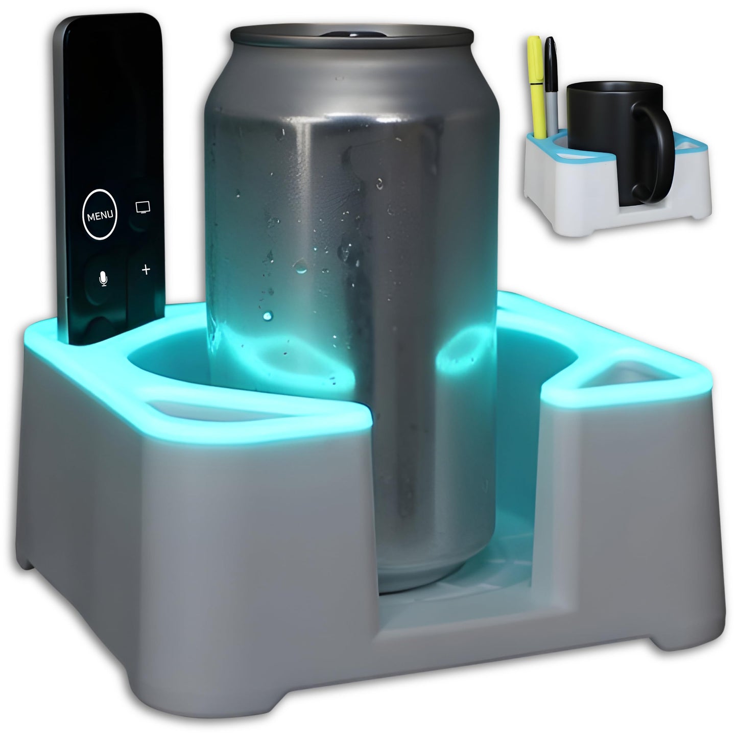 MugBrick Glowing Portable Silicone Cup Holder for Bed, Couch, Nightstand. Dishwasher Safe, Non-Spill Drink Holder for Bedside Table, Ottoman. White + Blue Glow