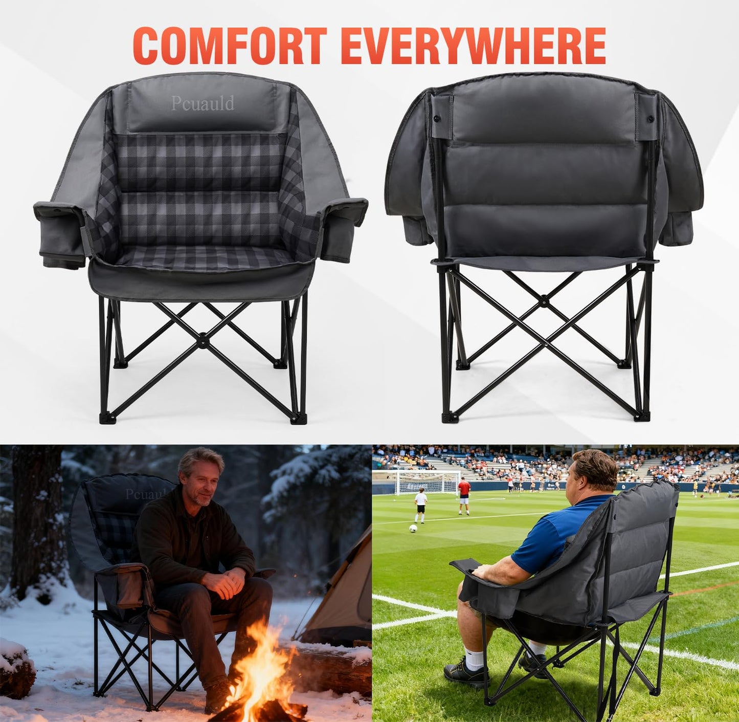Pcuauld Camping Chairs for Adults 2 Pack Heavy Duty Padded Folding XL Camp Chair with Cup Holder, Supports 500lbs, Oversized Large Outdoor Widen Comfy Lawn Chairs for Tailgating Sports Beach