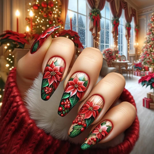24Pcs CJDLTS Flower Press on Nails Long Ballet Artificial Acrylic False Nails Green Leaf Red Floral Design Stick on Nail Christmas Fake Nail Full Cover Winter Artificial Fingernails for Women Manicure