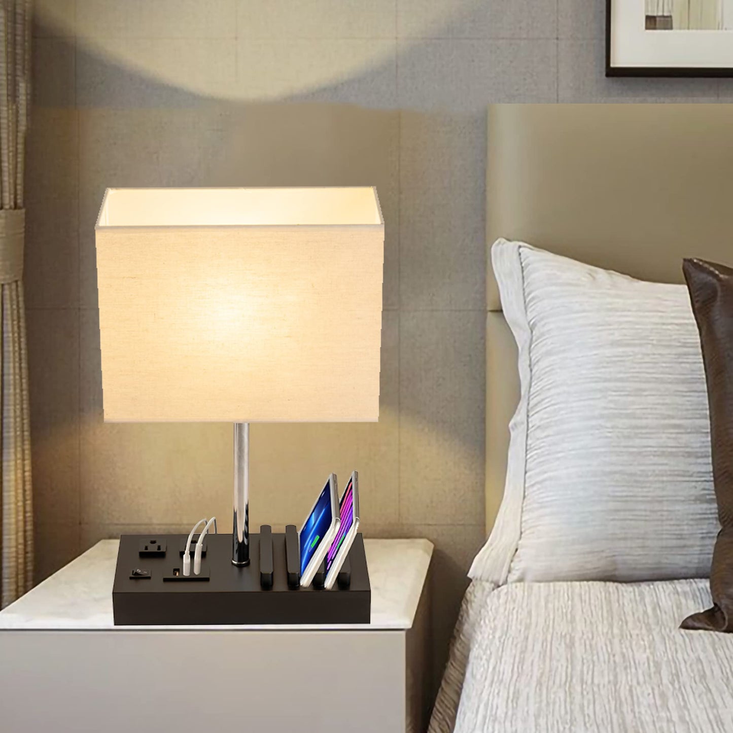 Briever Upgraded 3 USB Table Lamp with 2 USB A & C Charging Ports, Bedside Desk Lamp with 2 AC Outlets and Wooden Phone Stand Organizer, Ideal Nightstand Lamp for Bedroom, Guest Room, Office