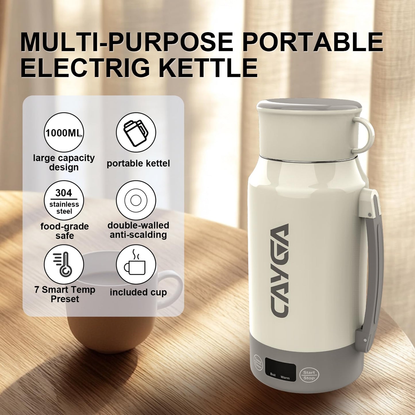 34 Oz/1000ml Travel Portable Tea Kettle with Temperature Control and LCD Display, 304 Stainless Steel Water Boiler Heating Mug
