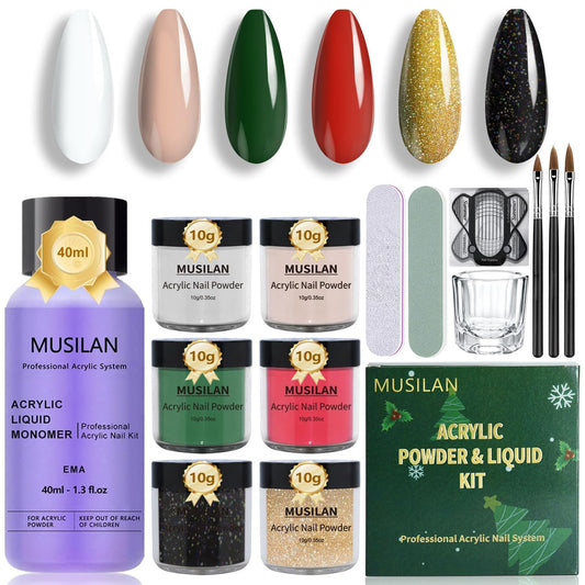 MUSILAN Acrylic Nail Kit for Beginners, Professional Liquid Monomer and 6 Colors Acrylic Powder Set with Everything Nail Brush and Forms & Files for 3D Nail Carving Application Manicure Tool DIY Salon