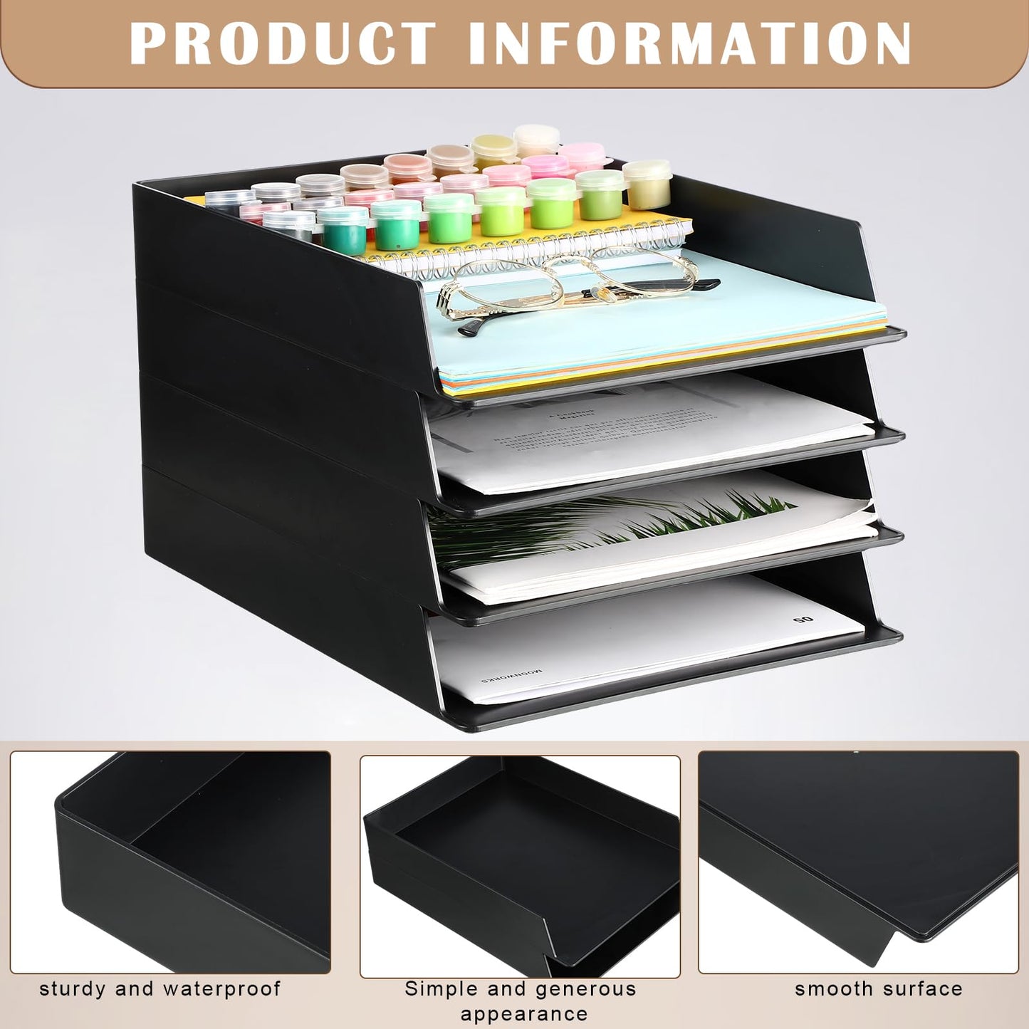 Wenqik 12 Pcs Stackable Paper Trays Rectangular Plastic Desk Holder Desktop Document File Organizer Storage Letter for Office Classroom (Black)