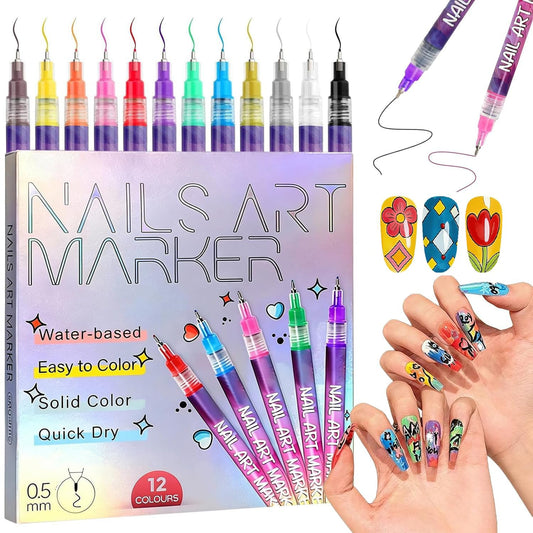 Nail Art Pens Set 12Colors, 0.5mm Fine Tip 3D Acrylic Polish Pen, Waterproof Quick-Drying Dotting Graffiti Drawing Liner Brush, DIY Nail Art Design Manicure Tools for Beginners Women Home Salon Use