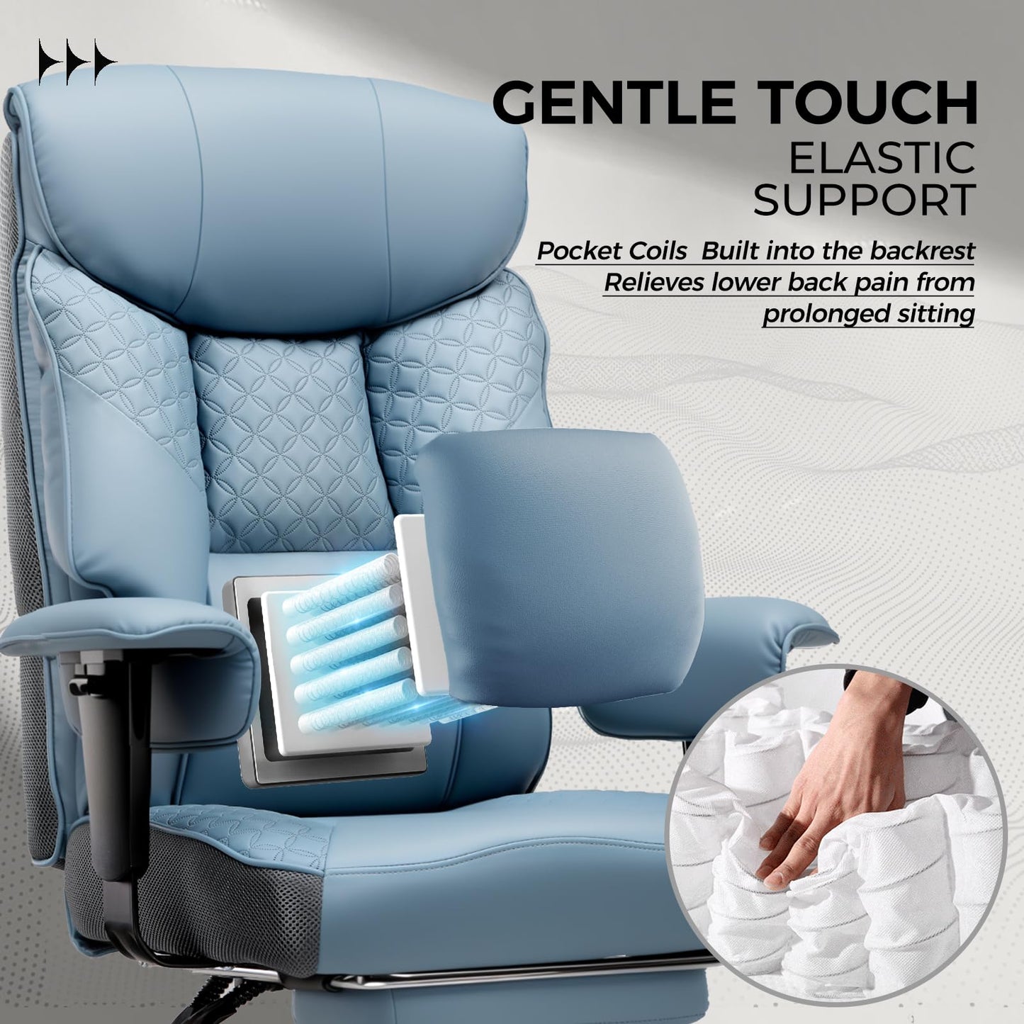 GTPLAYER Big and Tall Office Chair, High Back Computer Gaming Chair with Ergonomic Lumbar Support &Pocket Spring Cushion for Lower Back Pain Relief, Leather Executive Chair with Foot Rest, Blue