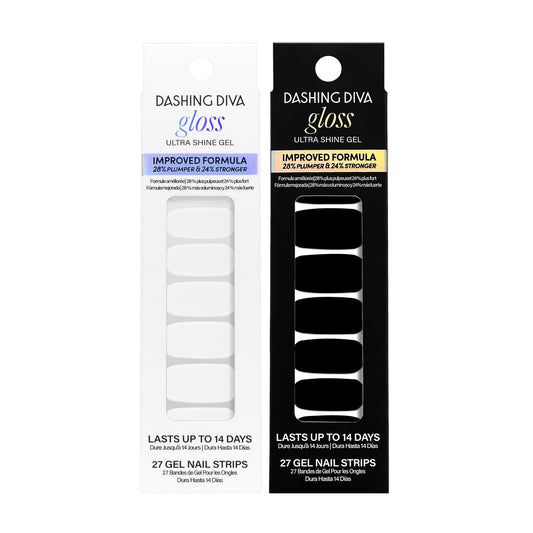 Dashing Diva Gloss Nail Strips Bundle - The Black & White Collection - Real Black & Daikon - UV Free, Chip Resistant, Long Lasting Gel Stickers - Contains 2 Sets