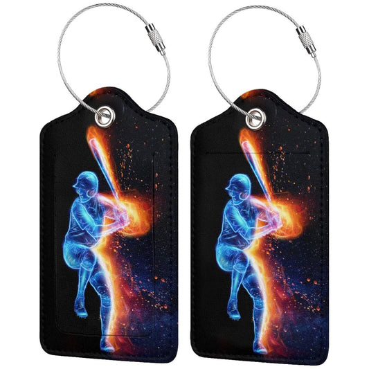 Set of 2 Sport-Themed Luggage Tags for Suitcases with Baseball Man Pattern for Kids Teen Boys Men, PU Leather Travel Tag Name Label Tags with Privacy Cover for Backpack Luggage