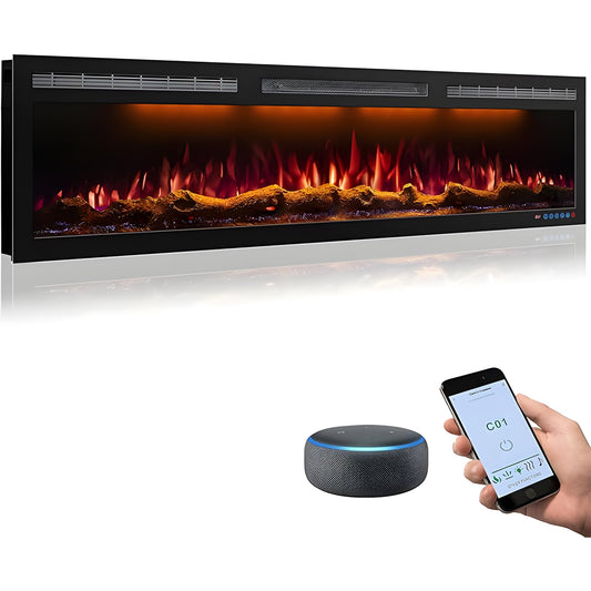 Mystflame 60 Inch WiFi Electric Fireplace Heater, Recessed or Wall Mounted, Ultra‑Slim 5.51" Deep, 750/1500W, 12 Flame Colors & 12 Ember Bed Colors,Remote & App Control, Works with Alexa & Google Home