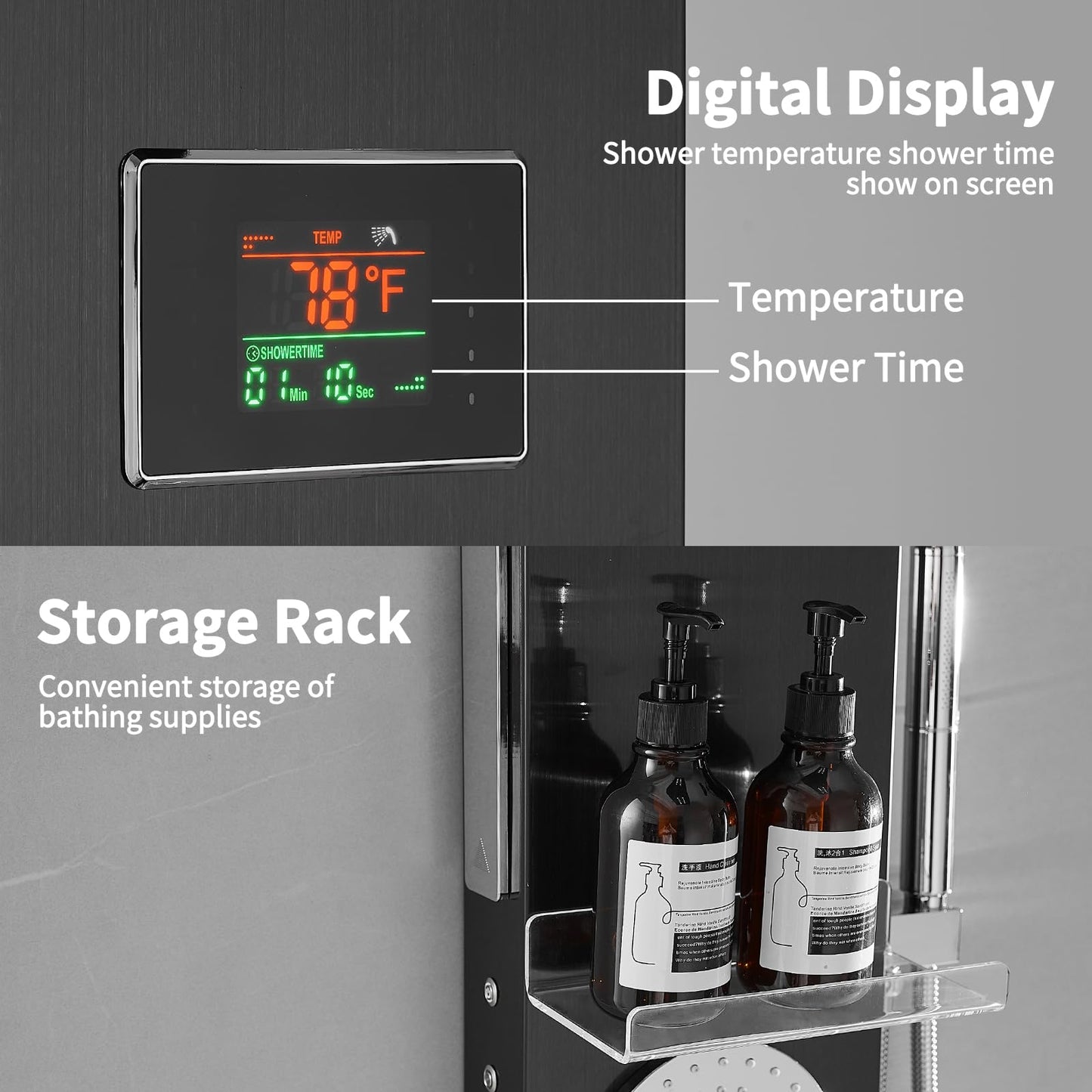 RUMOSE Matte Black Shower Panel Tower System, 5-Function Shower Faucet Set LED Light Rainfall Shower Head Digital Display with Massage Jets Tub Spout Shower Shelves, Stainless Steel, Wall Mount