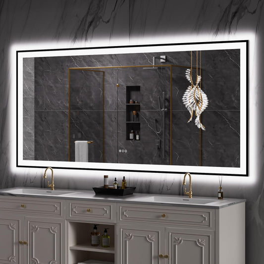 LOAAO 84"X40" LED Bathroom Mirror Black Framed, Anti-Fog, Dimmable, Lighted Bathroom Vanity Mirror for Wall, Memory Function, Tempered Glass