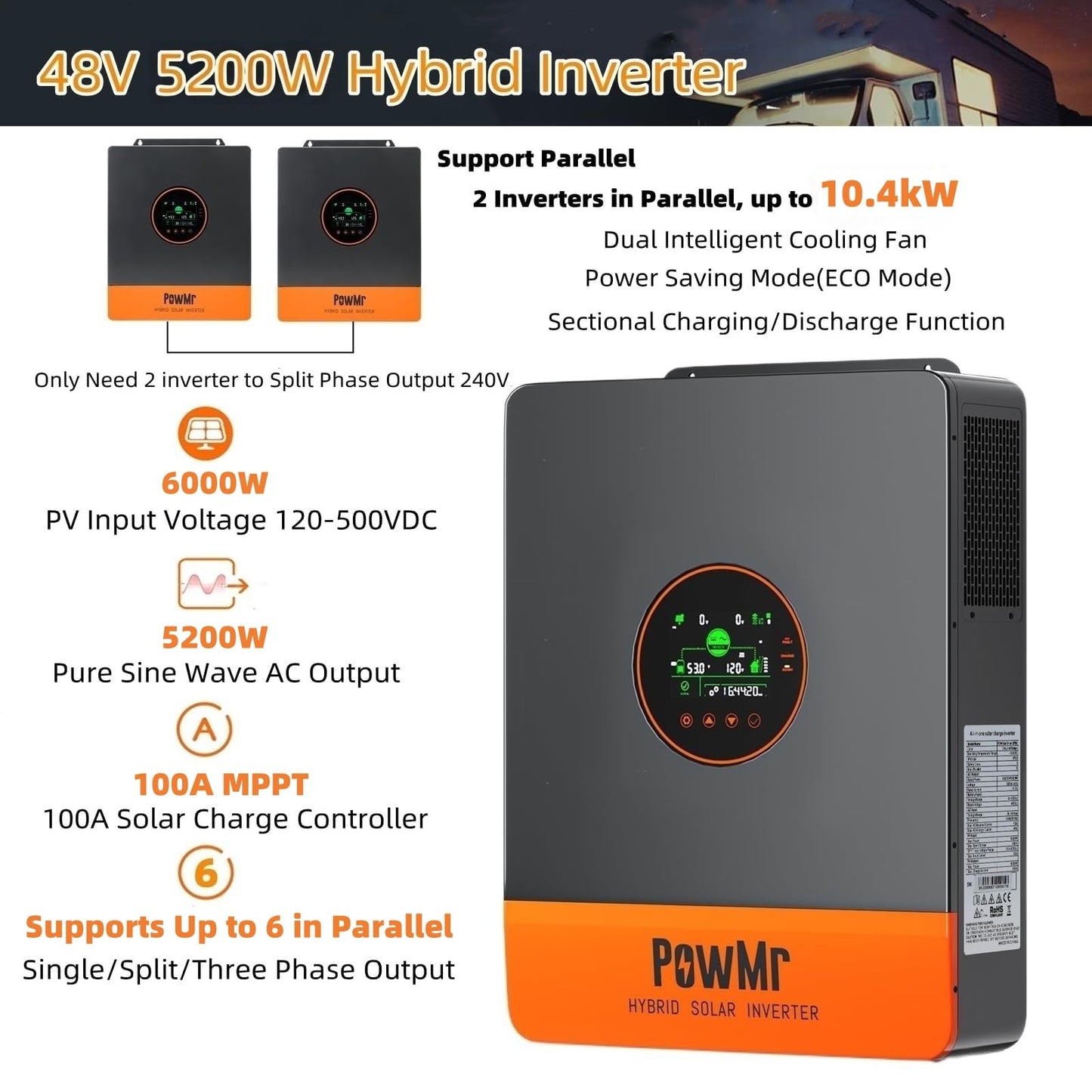 PowMr 5000W Hybrid Solar Inverter 48V DC to 110V/120VAC, 5200W Split Phase Inverter with 100A MPPT Controller, Max. PV Input 6KW 500VDC, For 48V Lead Acid, Li, Batteryless Run [Up to 6 Units Parallel]