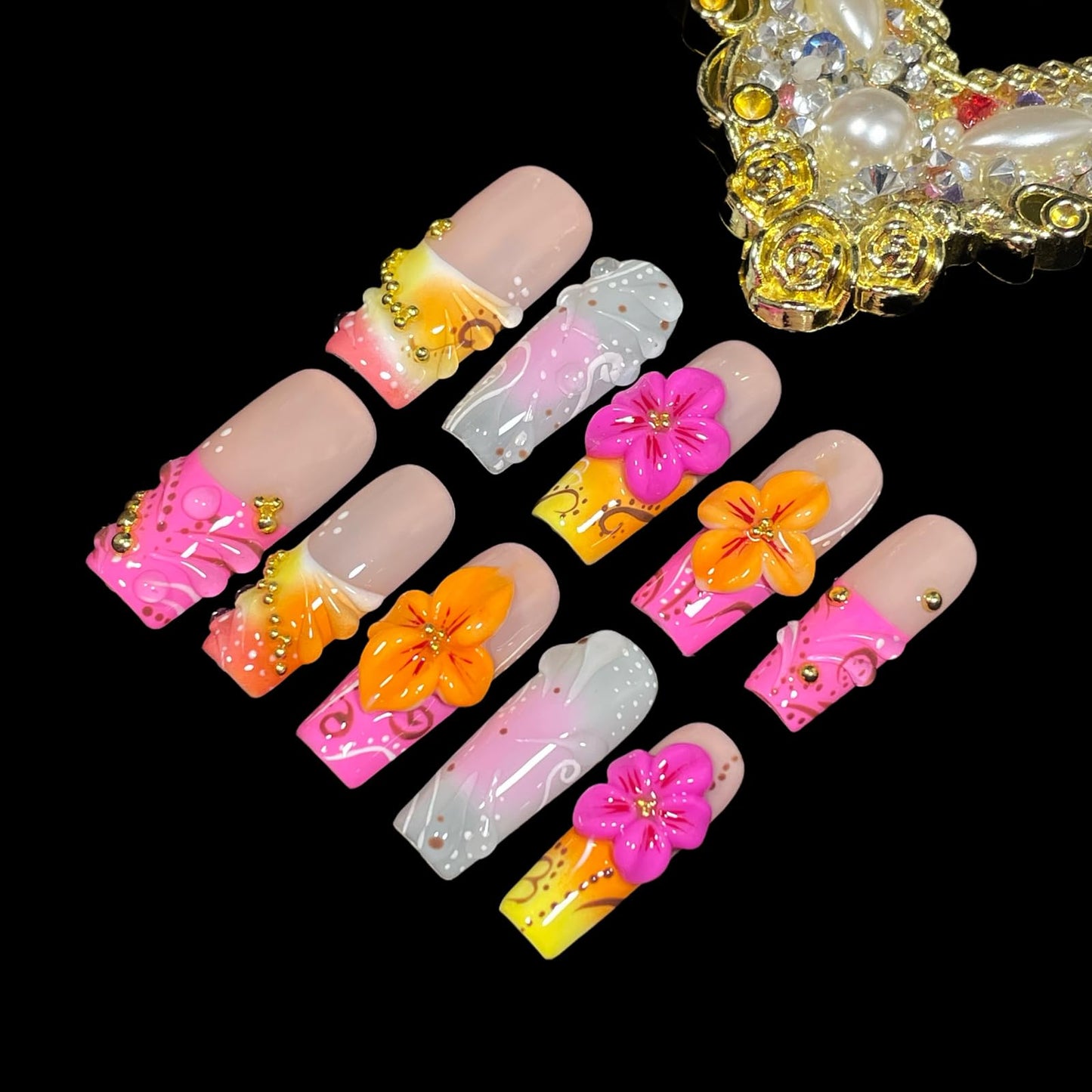 Handmade Press on Nails 3D Floral Medium/Long Square False Nails | Pink & Yellow Gradient | Bohemian Design| Reusable Acrylic Fake Nails (Sunburst, S)