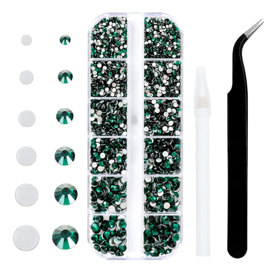 Meibite Emerald Glass Flatback Rhinestones for Nails, Crafts & Clothes – 4240PCS 6 Sizes (SS6–SS20) Crystal Gems Kit with Tweezers & Picker, Non Hotfix DIY Rhinestones for Tumblers, Shoes, Nail Art
