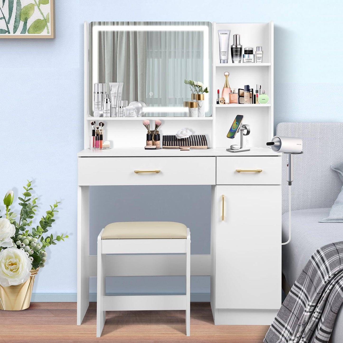 QUALIKRAFT Widescreen Vanity Set with LED Mirror & Stool, Makeup Desk with Built-in Power Outlet, 2 Drawers & 6 Shelves, Wide Lighted Dressing Table