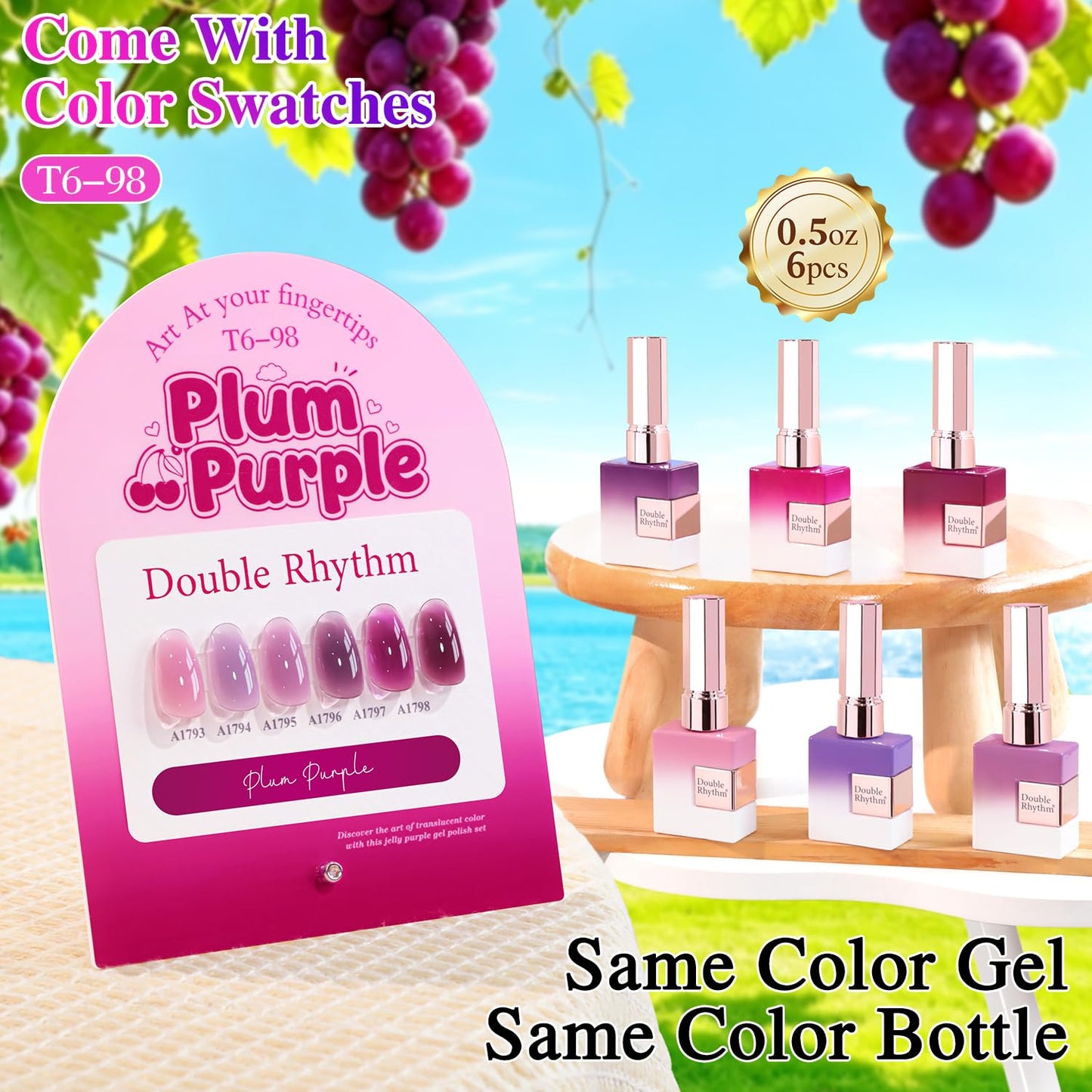Double Rhythm 6 Pcs 15 ML Gel Polish Set Same Color Same Bottle Soak Off Gel Polish Kit Nail Art Manicure Salon DIY at Home for Women (Jelly Plum Purple Lavender- T6-98)