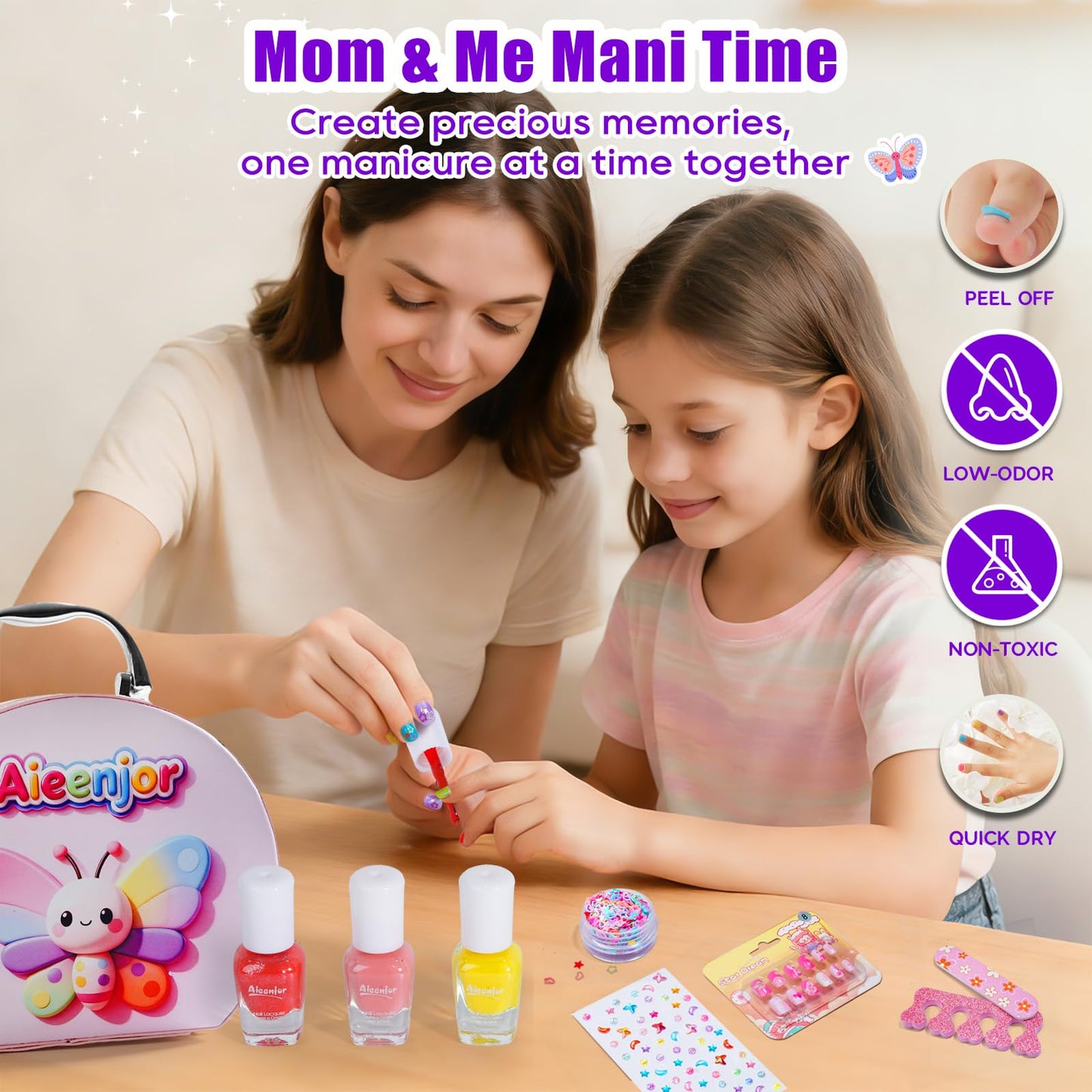 Aieenjor Kids Nail Polish, Toddler Nail Polish, Washable Non-Toxic Girls' Nails Kit with Dryer, DIY Manicure Studio with Stickers & Gems, Perfect Birthday & Party Gift for Girl