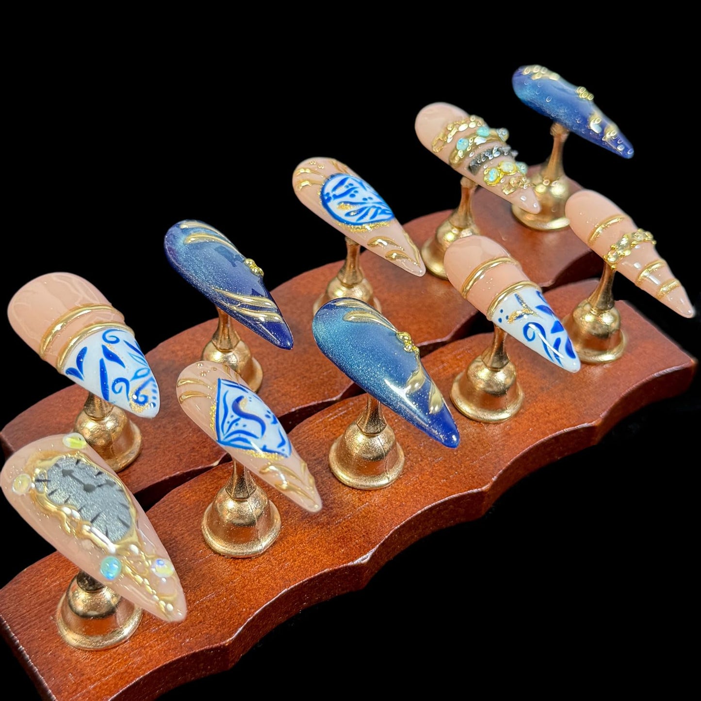 3D Handcrafted Press On Nails, Luxury Fake Nails with Porcelain Pattern, Ring Jewelry Inspired & Unique Clock Face Design, Reusable Acrylic False Nails Navy Blue (S)