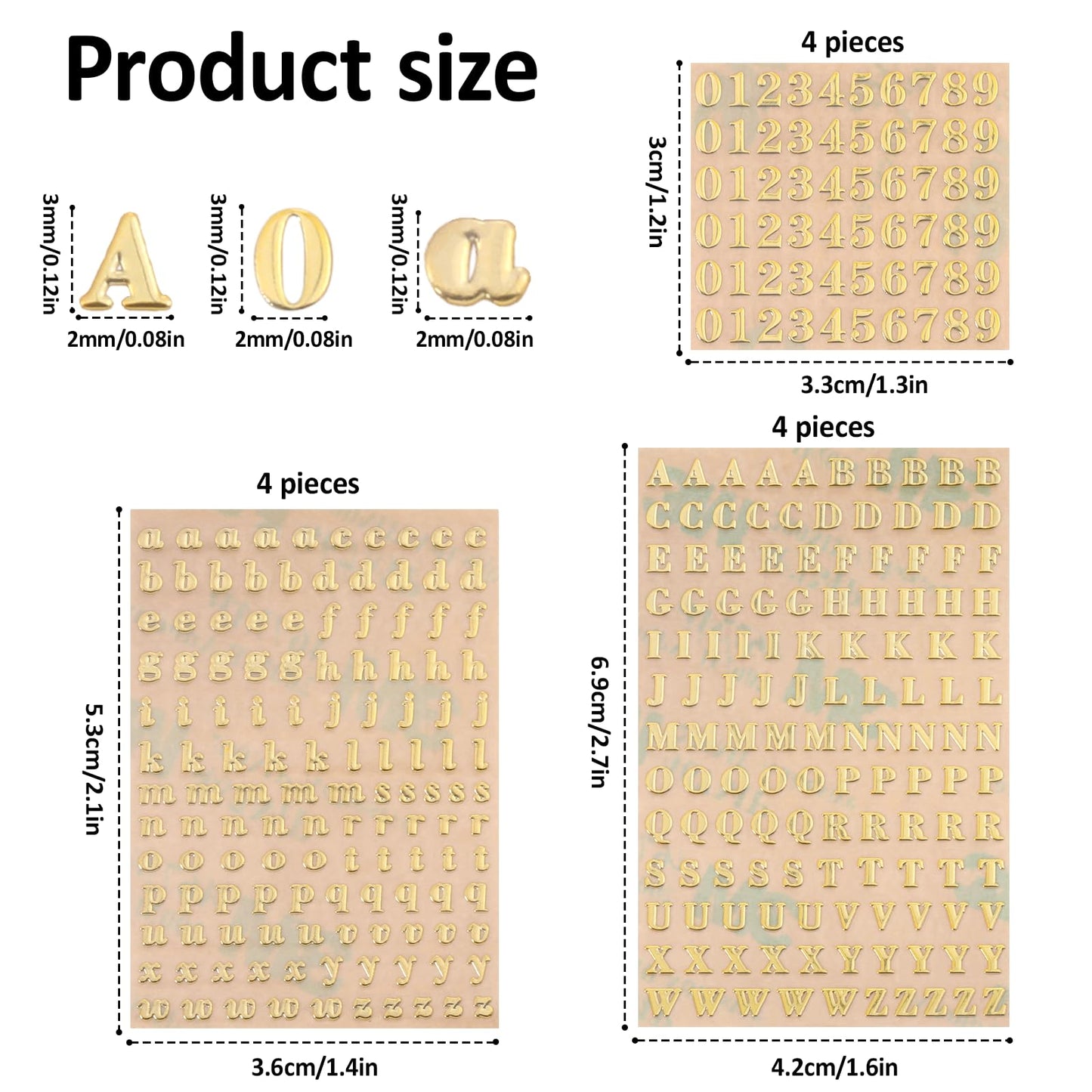 12 Sheets 0.12 inch Small Nail Letter Stickers, Mini Letter Nail Stickers and Number Sticker Glitter Alloy Self Adhesive Gold Sticker Letters for DIY Crafts Scrapbook