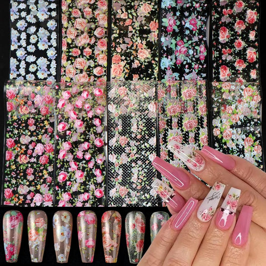 Flower Nail Foil Sheets, Vintage Floral Nail Foils Transfer Nail Art Stickers Colorful Rose Vintage Floral Nail Design Decals DIY Nail Art Supplies for Women Girls(10Rolls)