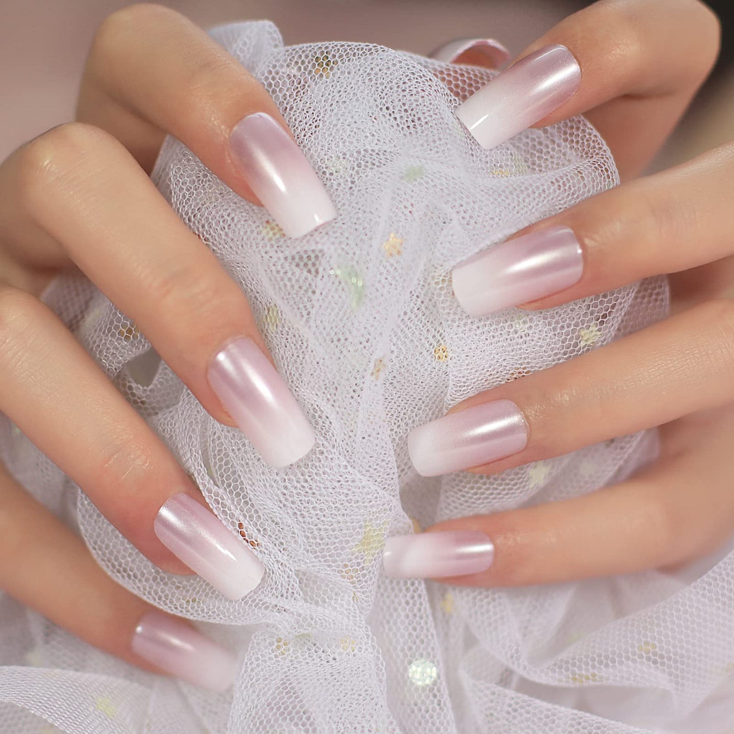 iBeautying Press on Nails - Pearl Pink French False Nails | UV Full Cover Finish Gradient Ombre Reusable Fake Nails in 10 Sizes - 24 Nail Kit with Jelly Glue Pad