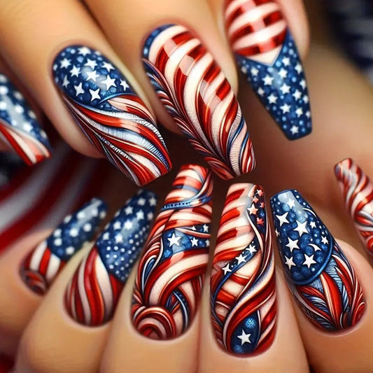 4th of July Press on Nails Medium Ballet Acrylic Nail Retro Feather with White Stars Lines Coffin Nail Independence Day Stick on Nail Reusable Glue on Artificial Fingernails for Women Holiday Manicure