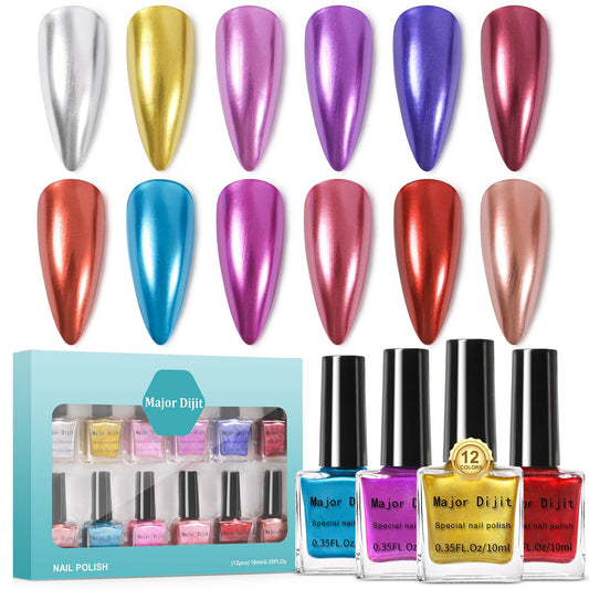 DouborQ Metallic Nail Polish Set, 12 Colors Mirror Chrome Glitter Nail Polish 0.35 FL.oz/10ml Holographic Gold Silver Pink Red Purple Manicure