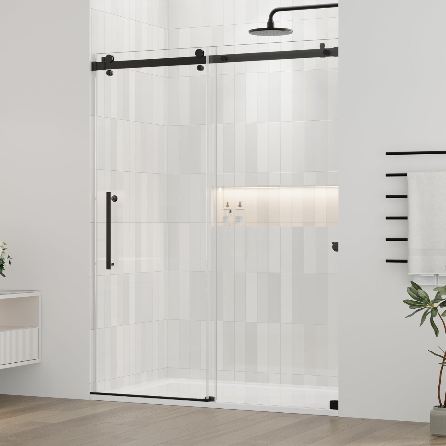 DELAVIN 56-60.in W x 72.in H Frameless Shower Door, Water Repellent Black Shower Door Clear Tempered Glass, Easy Sliding Showe Door with Explosion-Proof Film, Stainless Steel, Metal