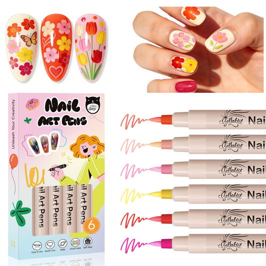 6 Colors Nail Art Pens, 3D Nail Polish Pens Set 0.7mm Quick-Drying Acrylic Paint Markers Dotting Liner Drawing Pens for Nail Design, DIY Home Salon Manicure Tools Halloween Beginners Gifts
