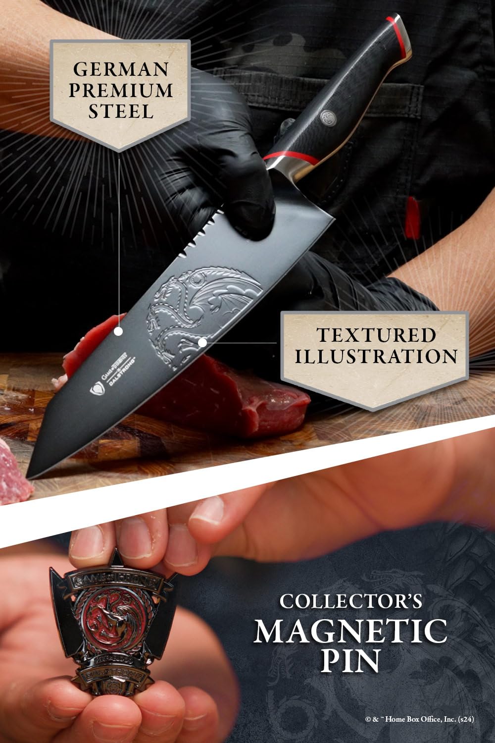 Dalstrong 8 Inch Chef Knife - Game of Thrones House Targaryen Edition - German Premium Steel - Professional G10 Handle - with Sheath