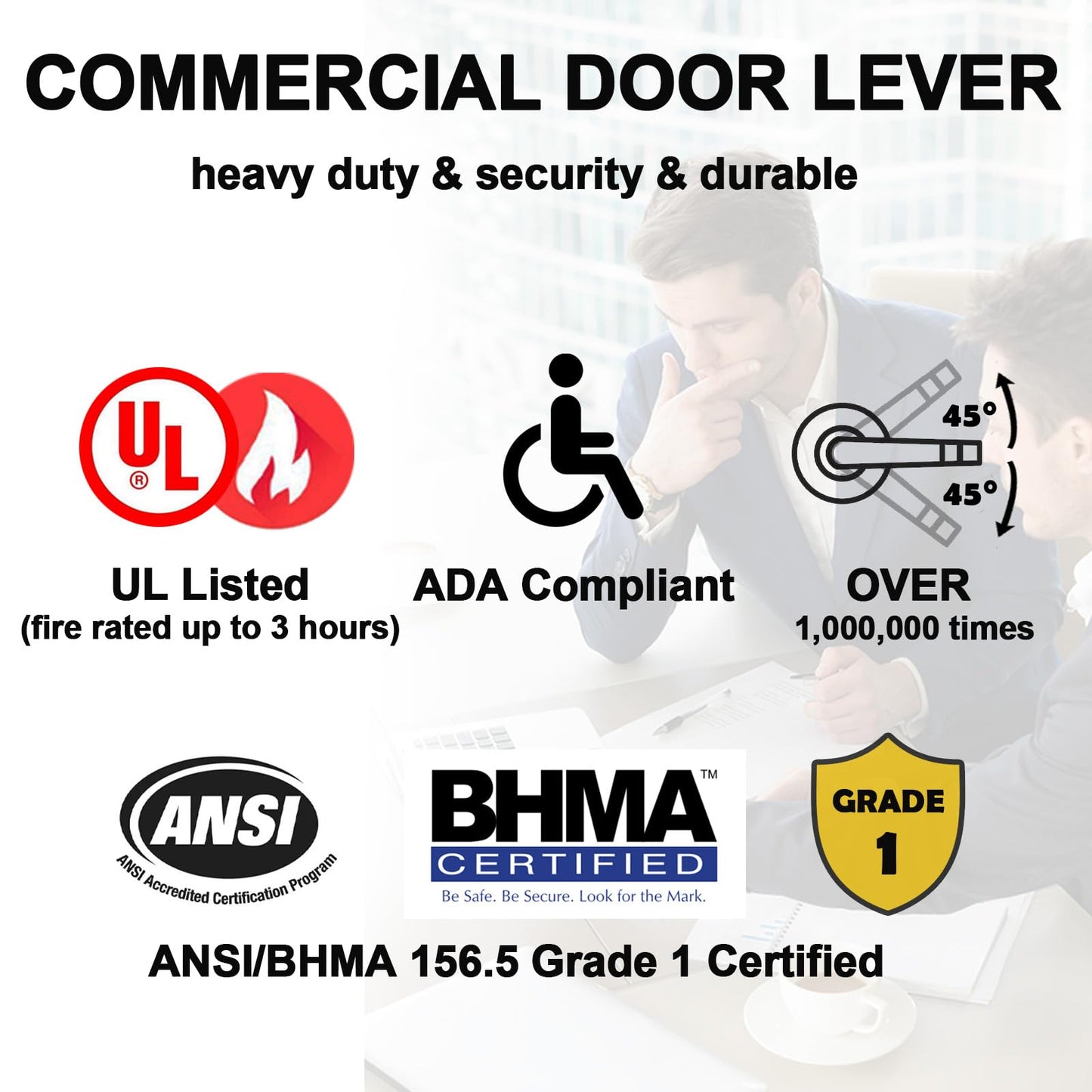 HISAFE Privacy Grade 1 Commercial Door Locks Heavy Duty Bathroom Door Lever, Non-Handed, UL 3 Hour Fire Rated, ADA Compliant, Brass Latch, 2-3/4''Backset, Satin Chrome 26D