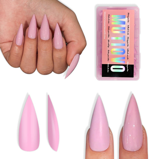 MUTIOVO Medium Sharp Stiletto Nail Tips 224 Pcs, Solid Pure Color Pink Soft Gel Press on Nails, Pre-Colored Full Cover Artificial Fake Nails for Home DIY & Salon, 16 Sizes