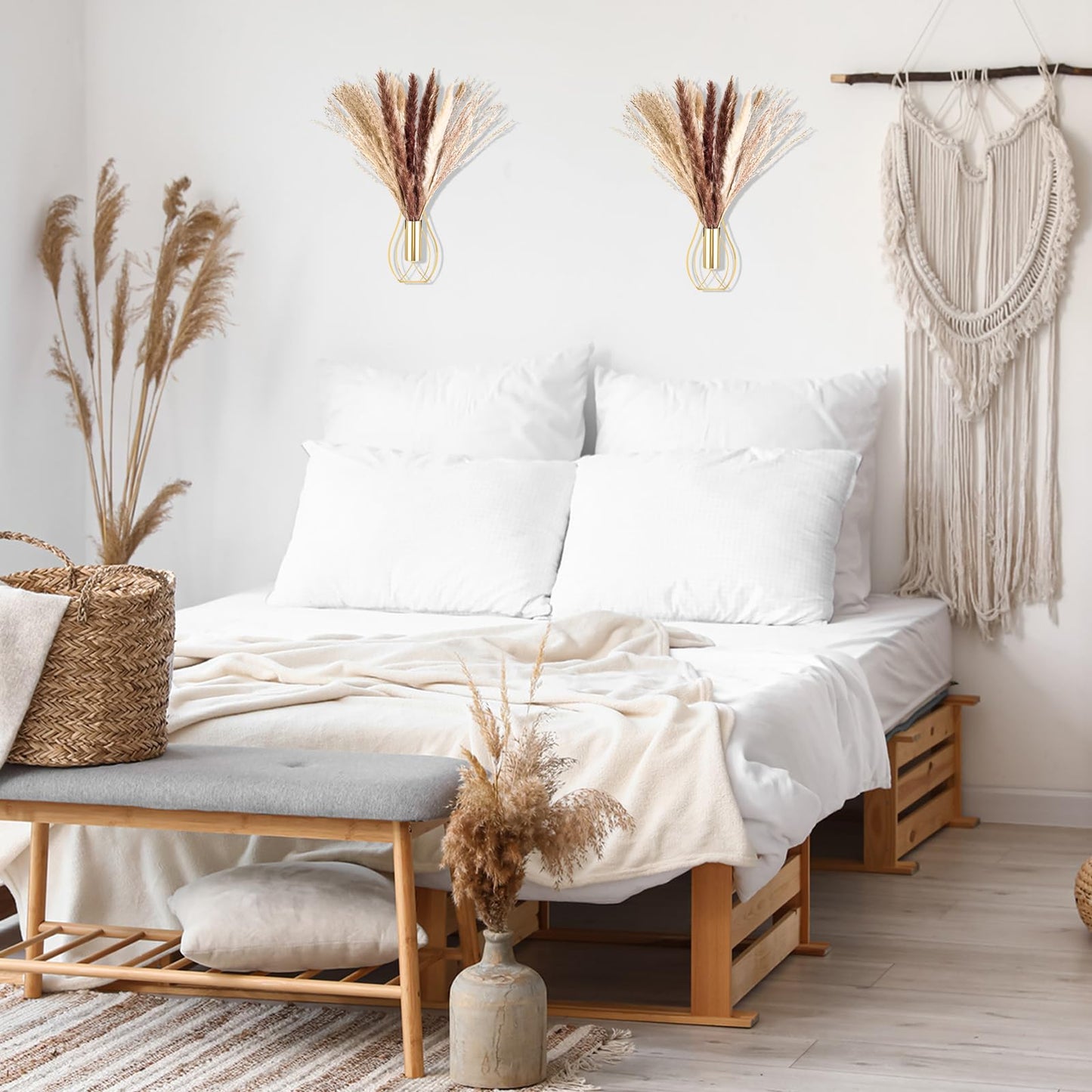 Otoolling Boho Wall Decor Set of 2 – Metal Hanging Wall Art with Faux Pampas or Eucalyptus,Minimalist Bohemian Accent for Living Room, Bedroom, Entryway(Gold,Pampas)