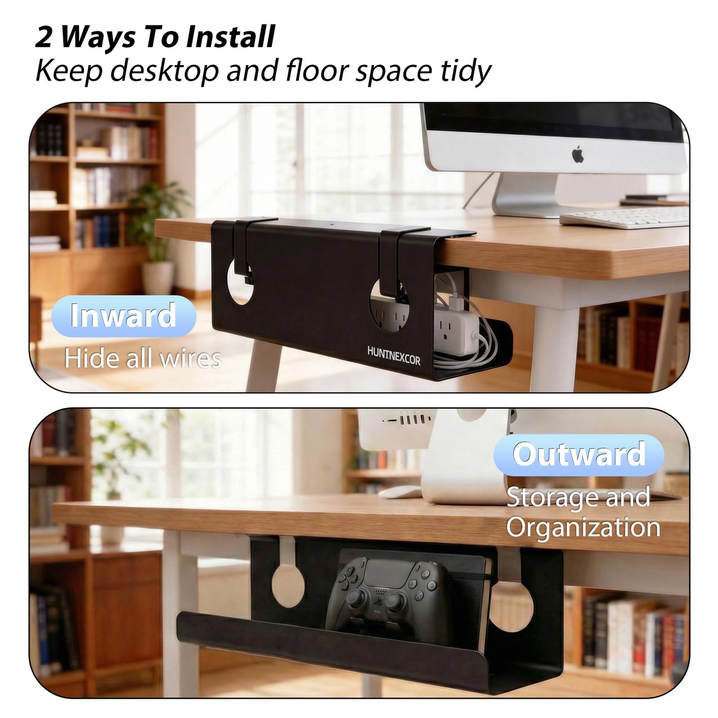 No Drill Under Desk Cable Management Tray with Clamp, Home/Office Desk Cord Organizer and Accessories Storage Shelf, 17'' Metal Cable Organizer for Standing/Gaming Desk, Office Supplies, Black 1 Set