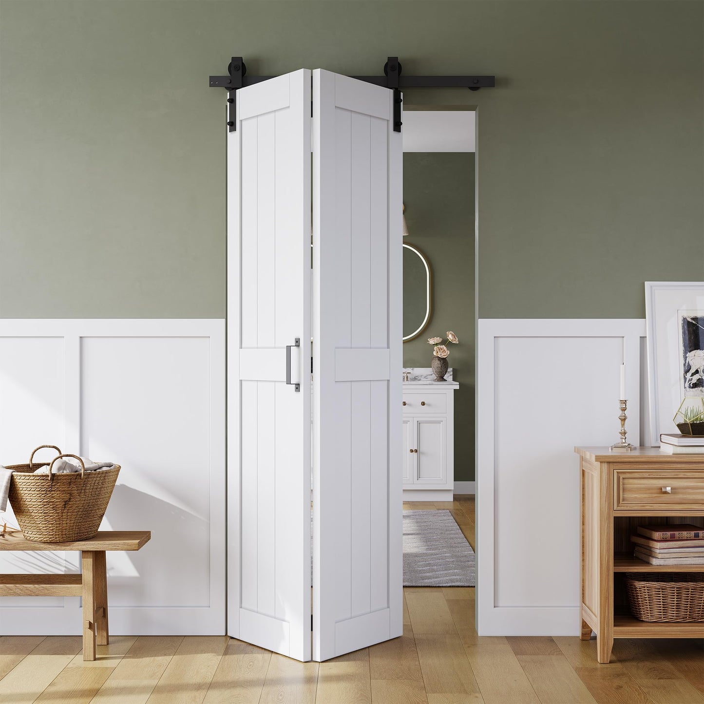 Bifold Barn Door 36" x 84", MDF Bi-Fold Sliding Closet Doors with Hardware Kit Included, Pre-Finished Easy Assembly, Water-Proof PVC Surface & Save Space, H-Frame, 40" Track for 2 Doors,White